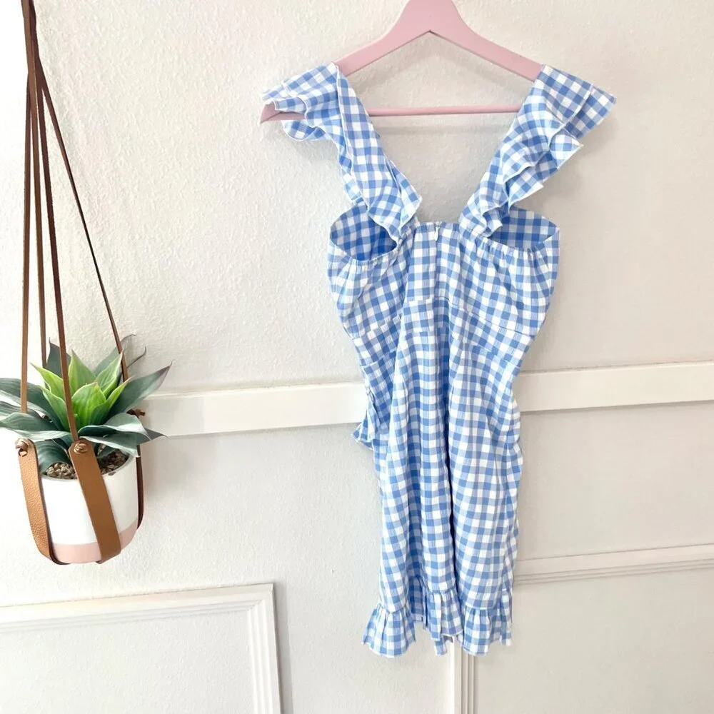 Sndys Adora V-Neck Sleeveless Ruffle Lined Zipper Dress Size S Blue Gingham